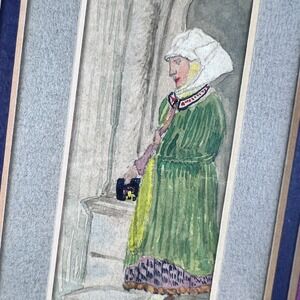 Original Watercolor Painting 1943 Signed Framed Vintage European Folk Art